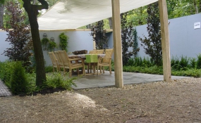 Beurs bloem en tuin, schaduwdoek met ruige robinia palen 15x15cm (1)
